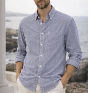 Club Monaco Linen Blend Button Down Shirt Blue White Seersucker Pinstripe L